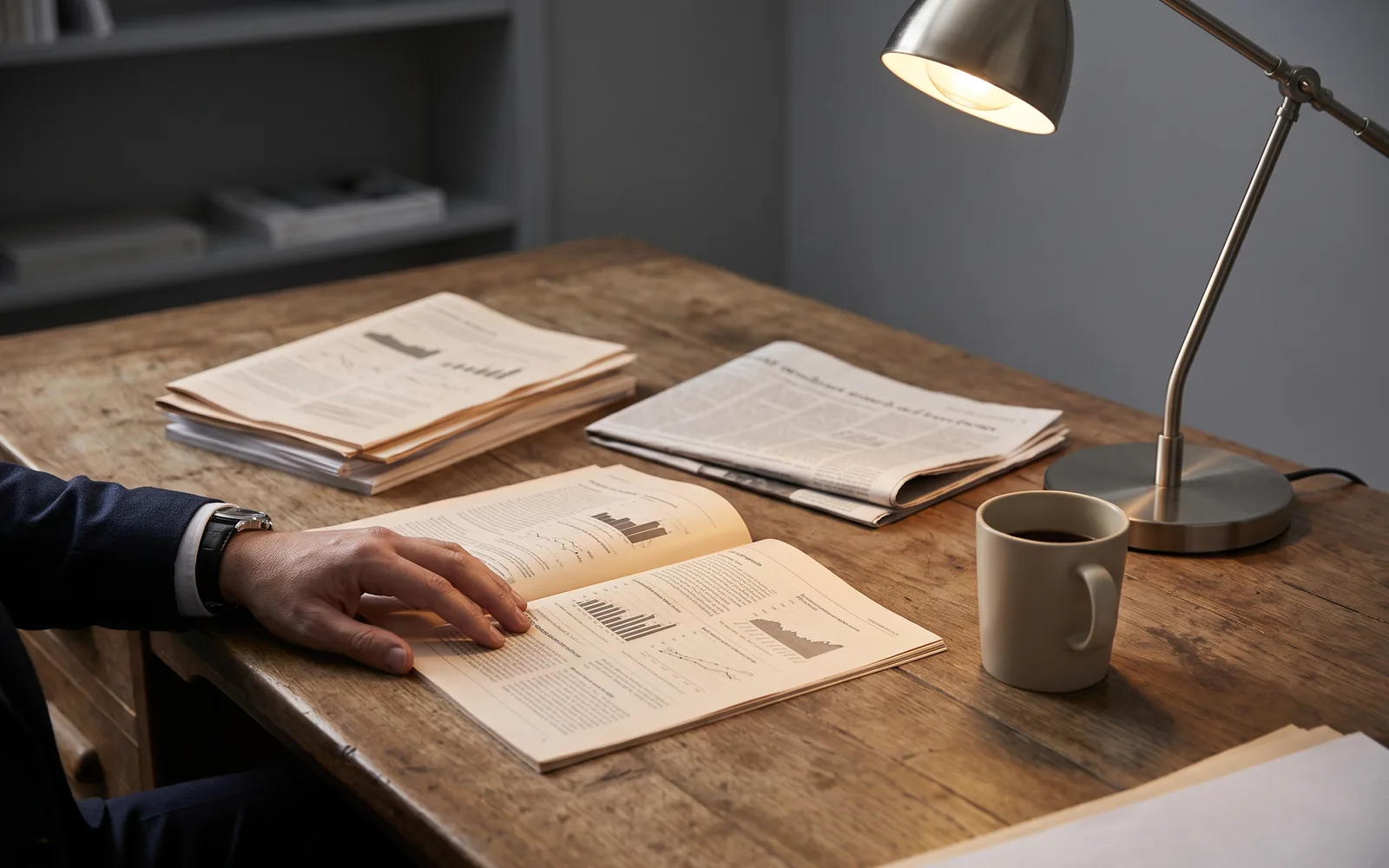 An editorial reading desk in a quiet Kuala Lumpur study, printed reports in considered light