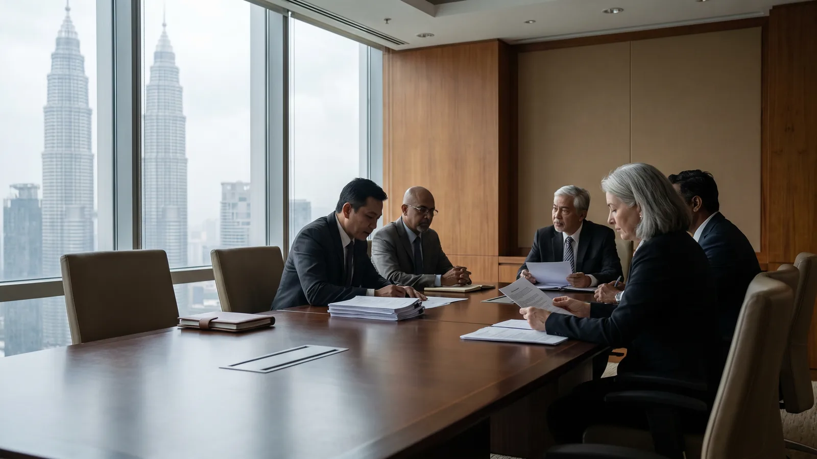 Senior leaders reviewing the numbers in a calm Kuala Lumpur boardroom