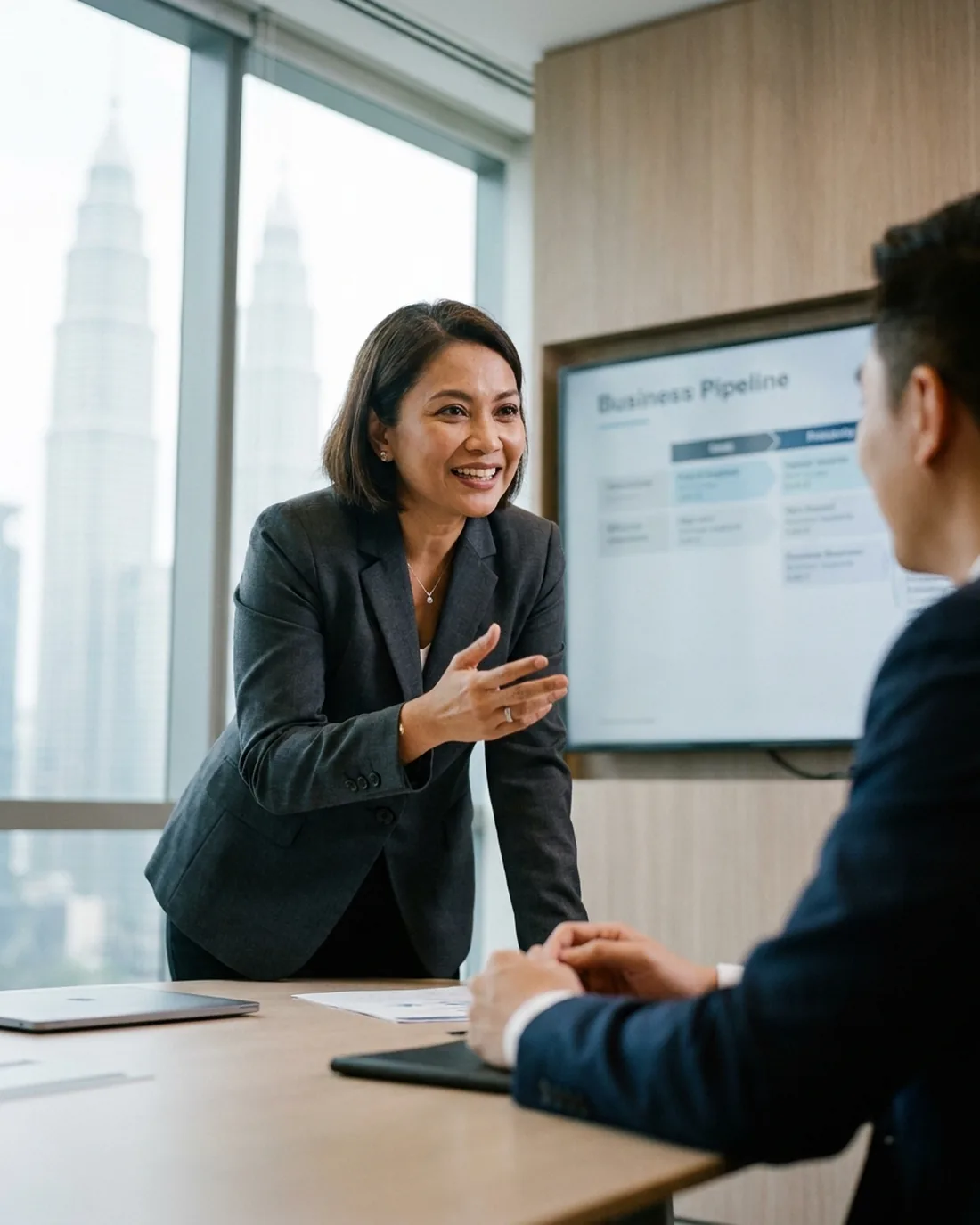 A senior CRO reviewing the work in a calm Kuala Lumpur boardroom