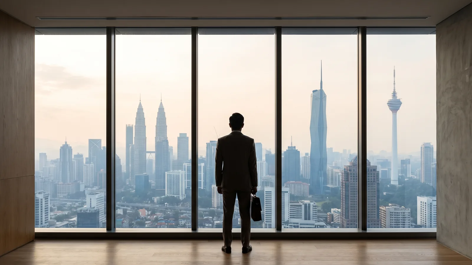 A composed senior executive walking through a bright business-district atrium in Kuala Lumpur