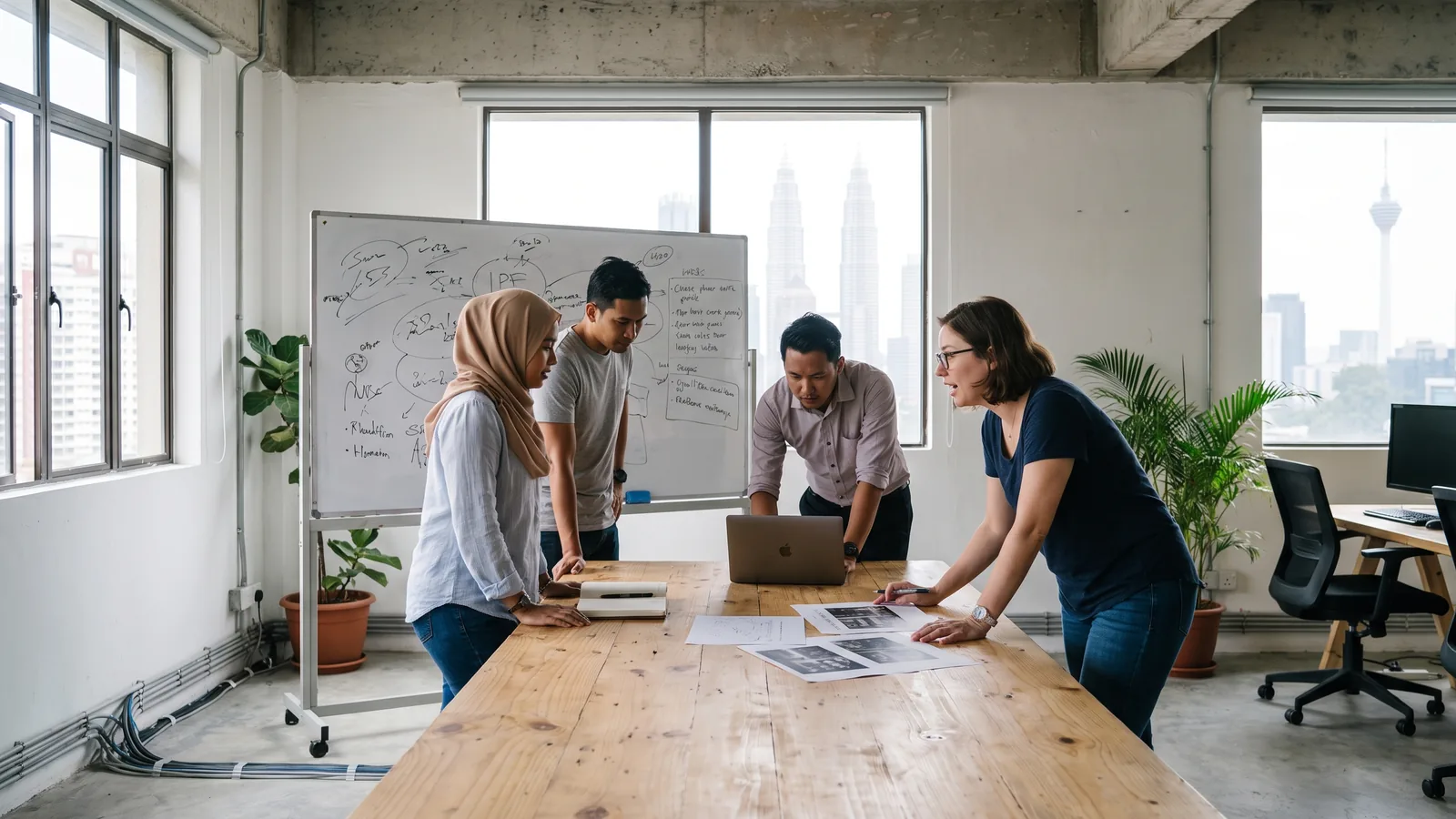 A founder and a senior executive reviewing work together in a bright workspace in Kuala Lumpur