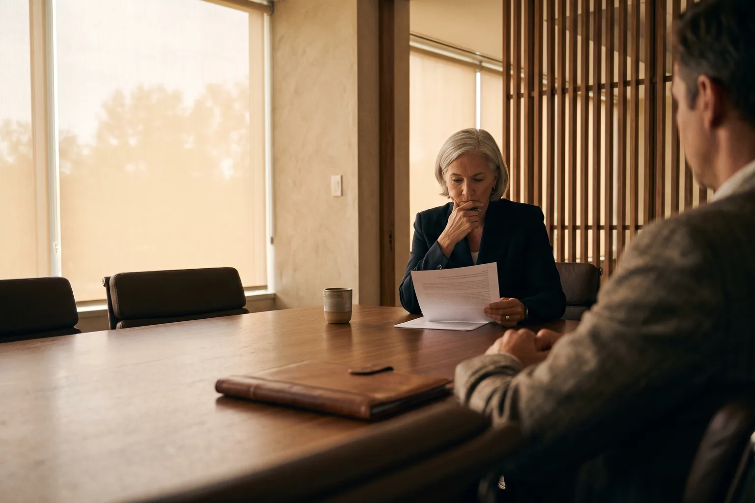 A senior finance executive composed at a boardroom table in low evening light