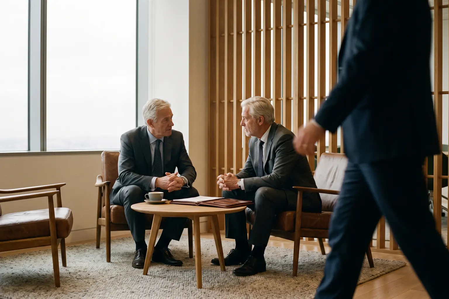 Two senior professionals in measured conversation in a quiet, modern lounge