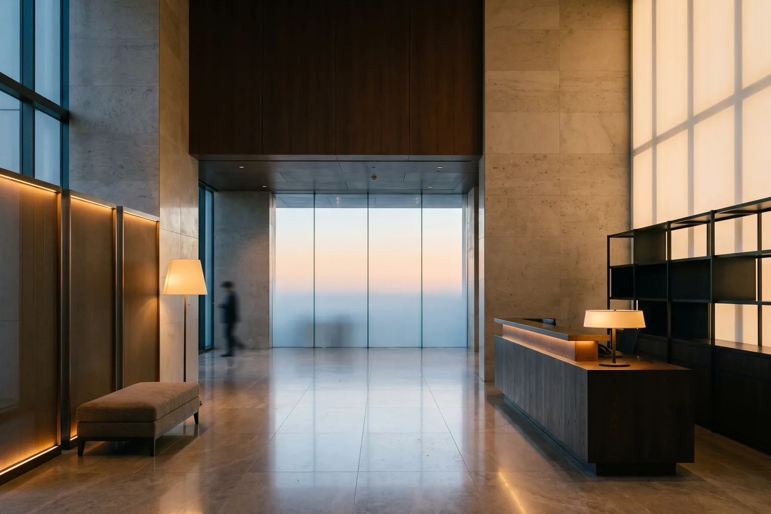 A sleek financial-district lobby at blue hour, city towers beyond