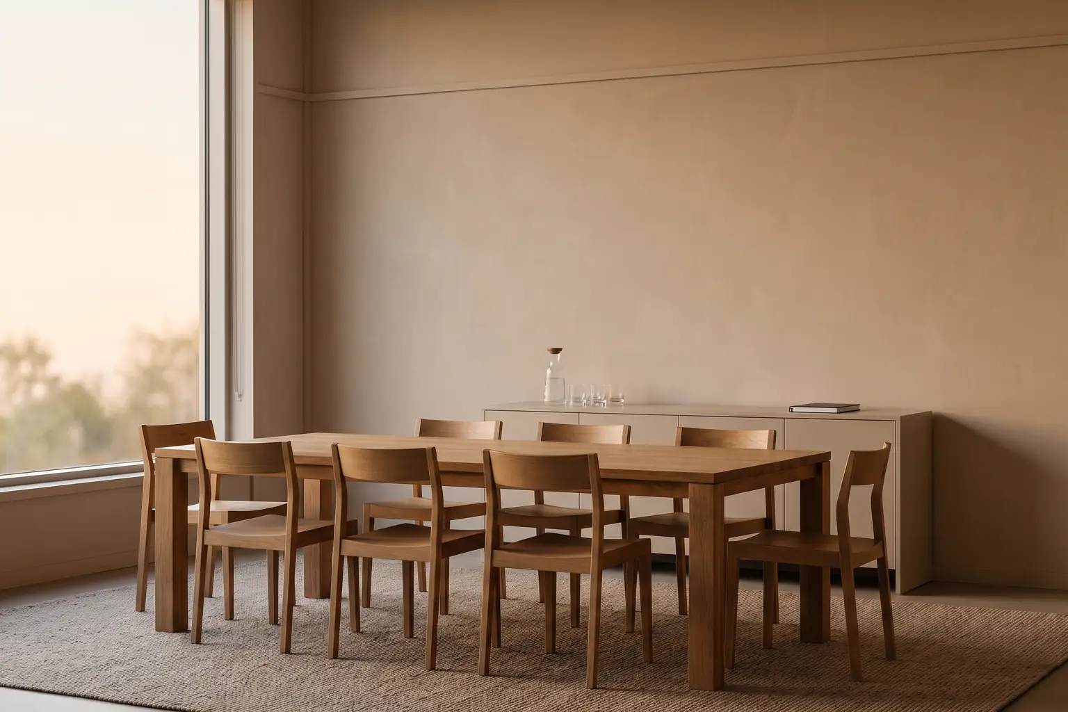 A calm modern boardroom at dusk, the city skyline beyond floor-to-ceiling glass
